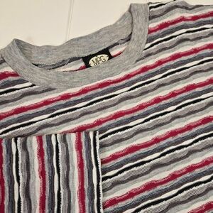 Vintage 90's MPG Textured‎ Stripe T-Shirt Red Gray Men's Size XL Skater Hip Hop